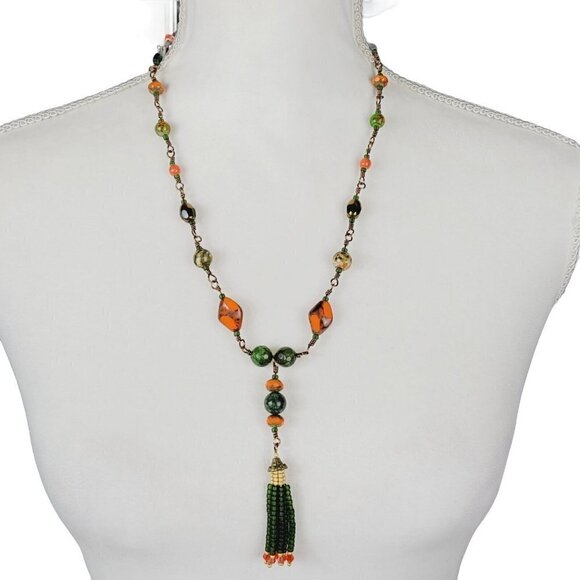 Artisan Army Olive Green Orange Glass Beaded Necklace Tassel Drop Fall Inspired - Picture 1 of 6